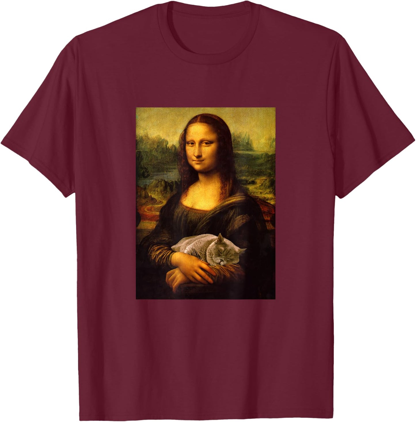 Cool Sarcastic Mona Lisa Carrying Her Cat Graphic Designs T-Shirt - T-Shirt | Maroon