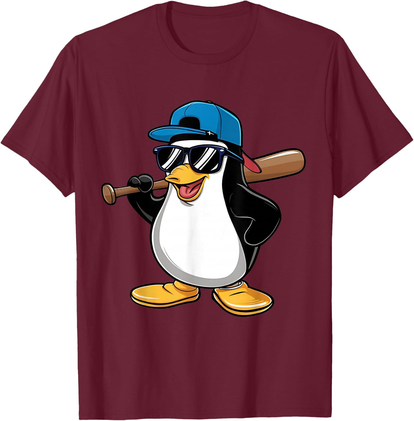 Penguin Baseball Panda Playing Baseball Penguin T-Shirt - T-Shirt | Maroon