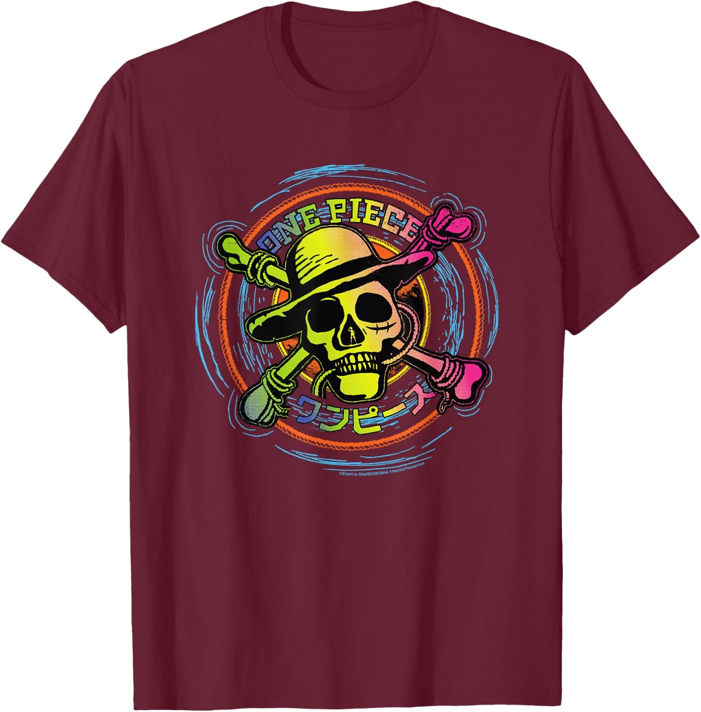 Straw Hat One Piece Anime Pirates Color Logo Kanji , Black, S T-Shirt - T-Shirt | Maroon