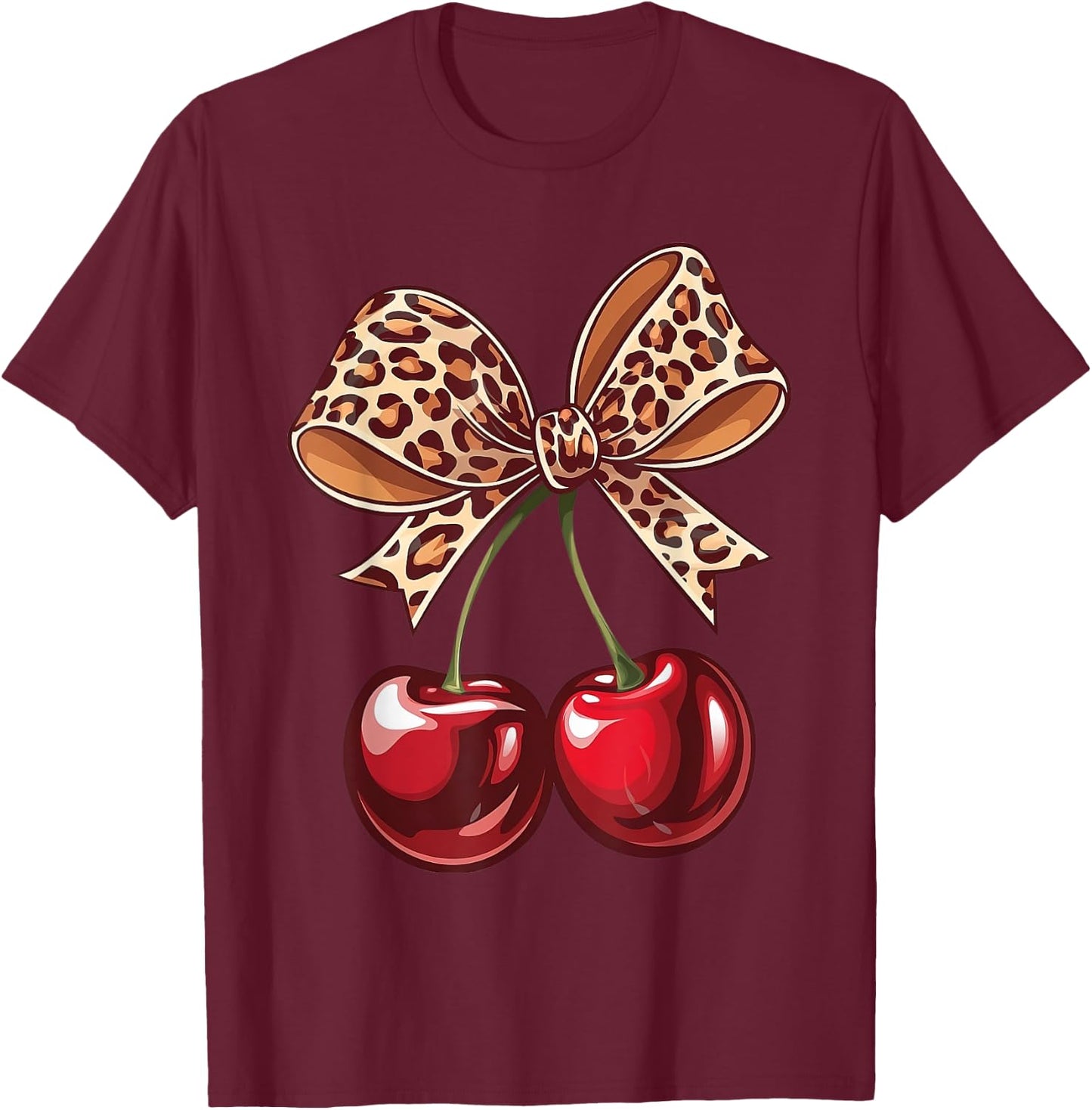 Coquette Cherry Leopard Ribbon Bow Women Girls T-Shirt - T-Shirt | Maroon