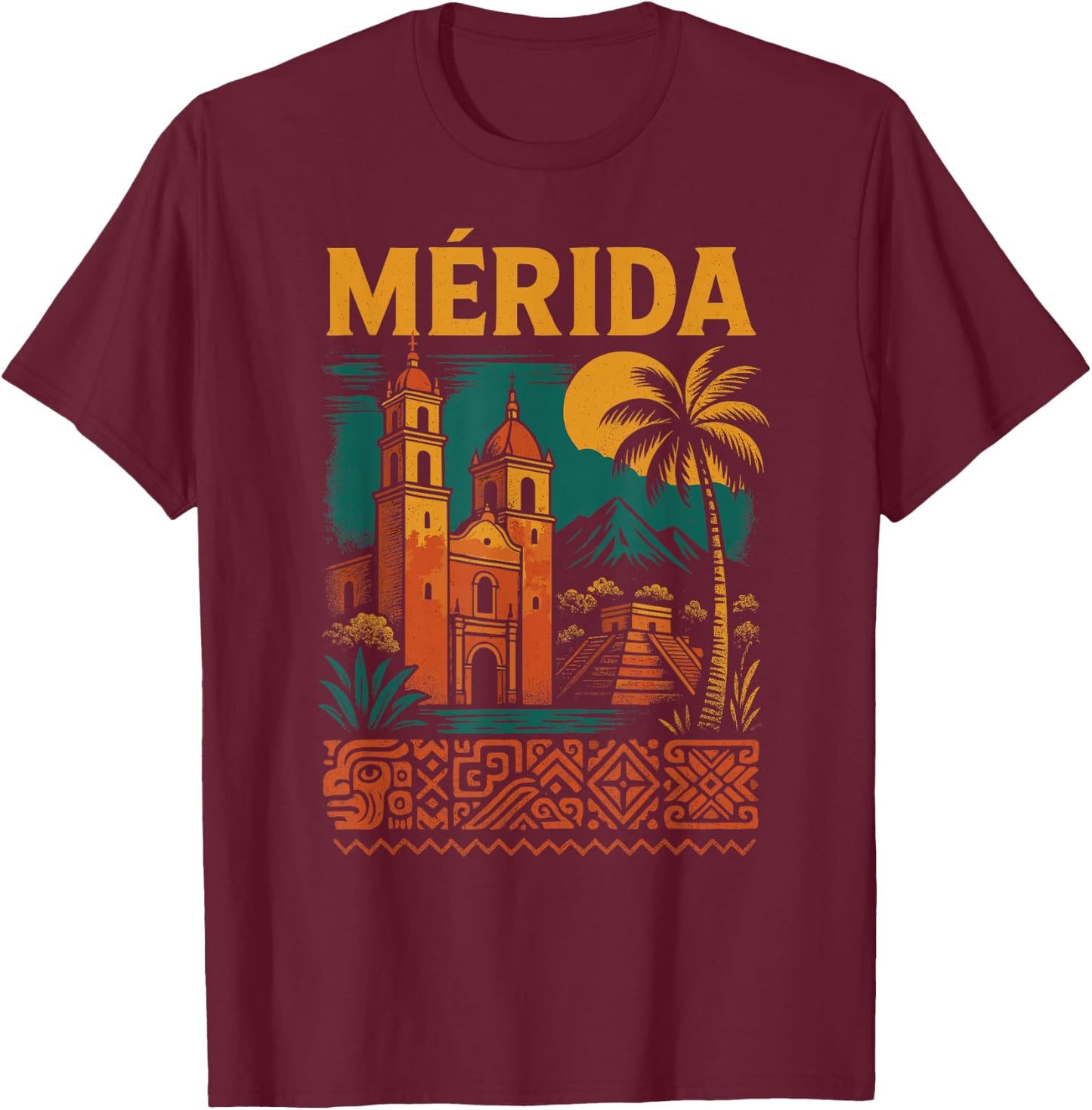 Merida Mexico Retro Yucatan Travel Art Cathedral Mexican T-Shirt - T-Shirt | Maroon