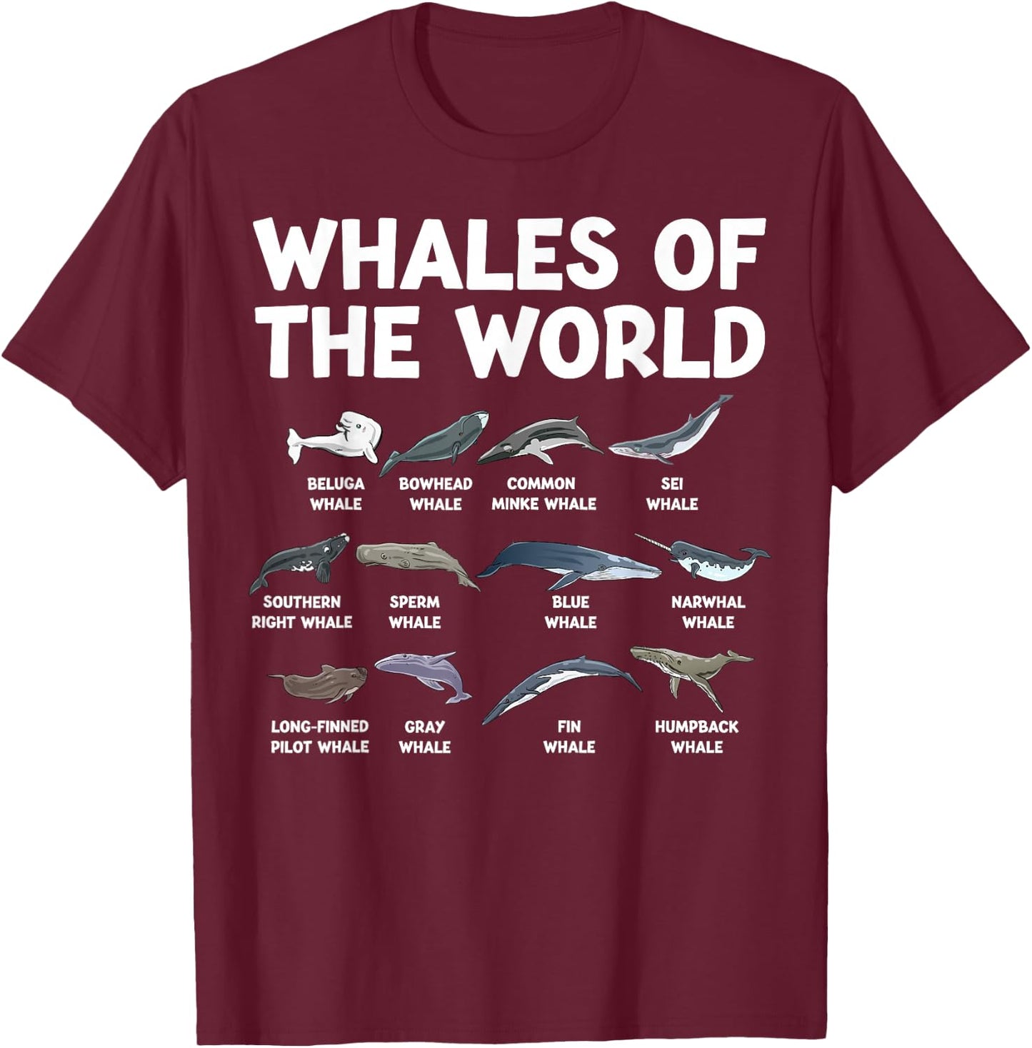 Whales Of The World Kawaii Types Of Whales Sea Animal Whale T-Shirt - T-Shirt | Maroon