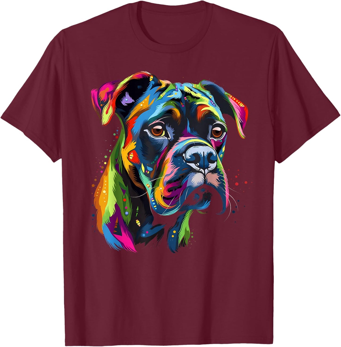 Boxer-Hund, buntes Gesicht, lustiger Welpen-Kunstliebhaber, Schwarz T-Shirt - T-Shirt | Maroon