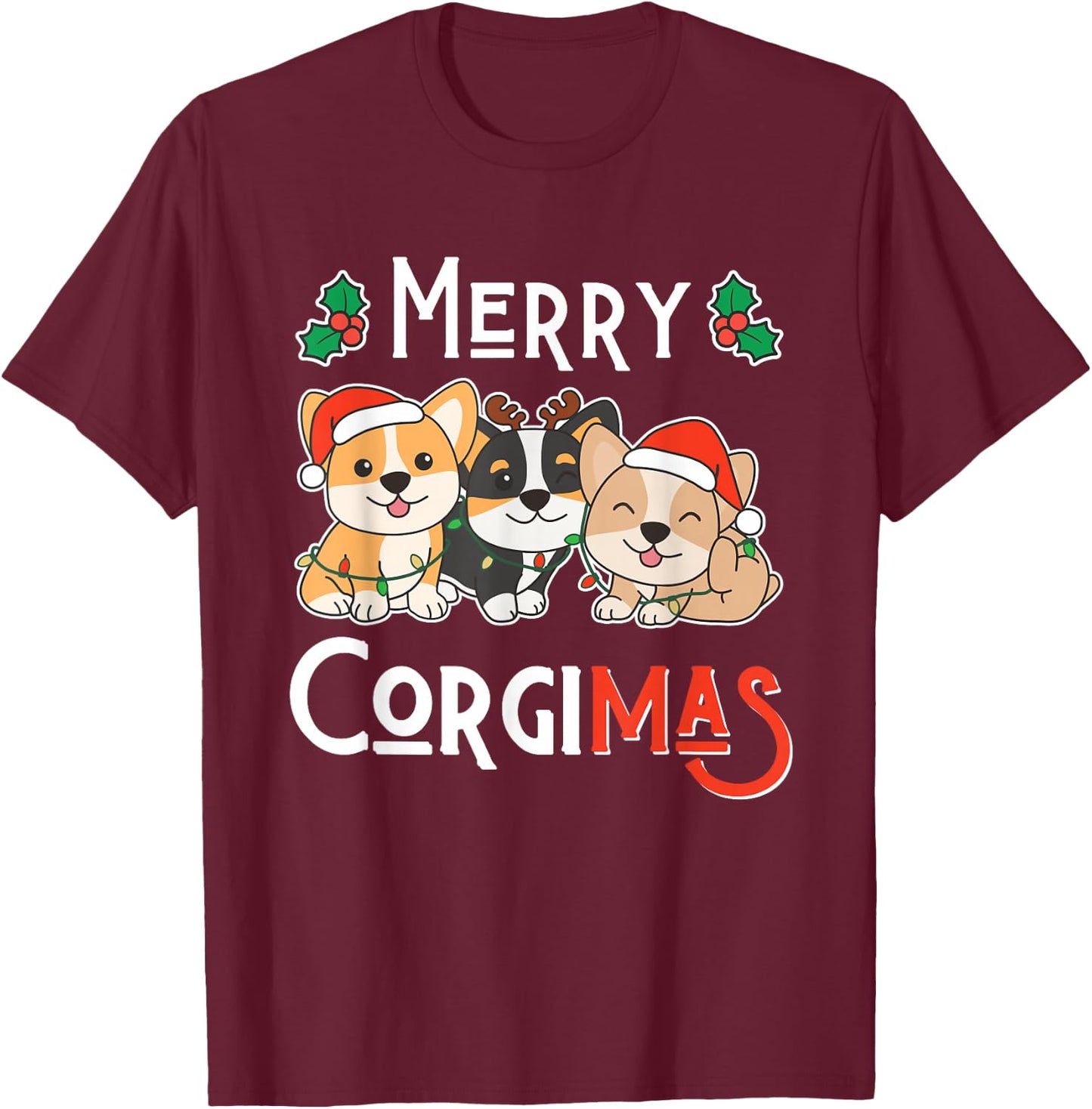 Merry Corgimas Pun Corgi Christmas T-Shirt - T-Shirt | Maroon