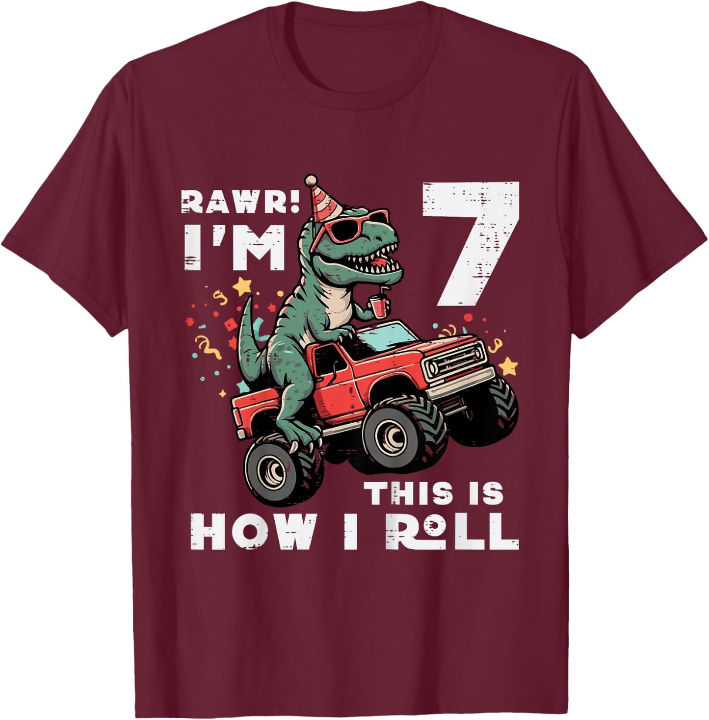 Kids Rawr Im 7 Dino This How I Roll 7th Birthday Trex Bday Boys T-Shirt - T-Shirt | Maroon