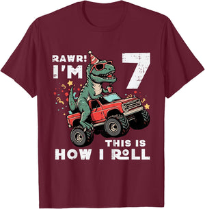 Kids Rawr Im 7 Dino This How I Roll 7th Birthday Trex Bday Boys T-Shirt - T-Shirt | Maroon