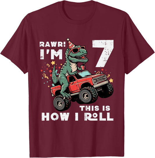 Kids Rawr Im 7 Dino This How I Roll 7th Birthday Trex Bday Boys T-Shirt - T-Shirt | Maroon