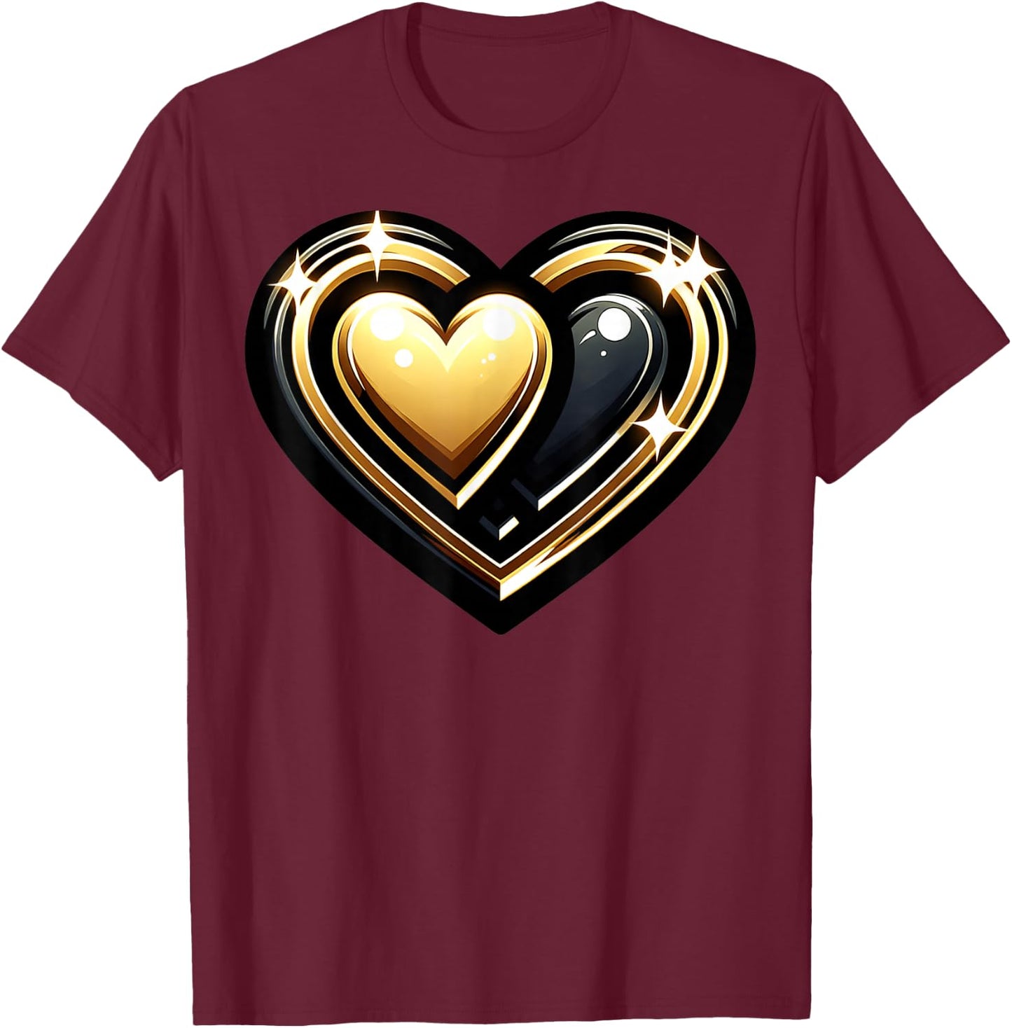 Golden And Black Hearts Sparkling Heart Design T-Shirt - T-Shirt | Maroon