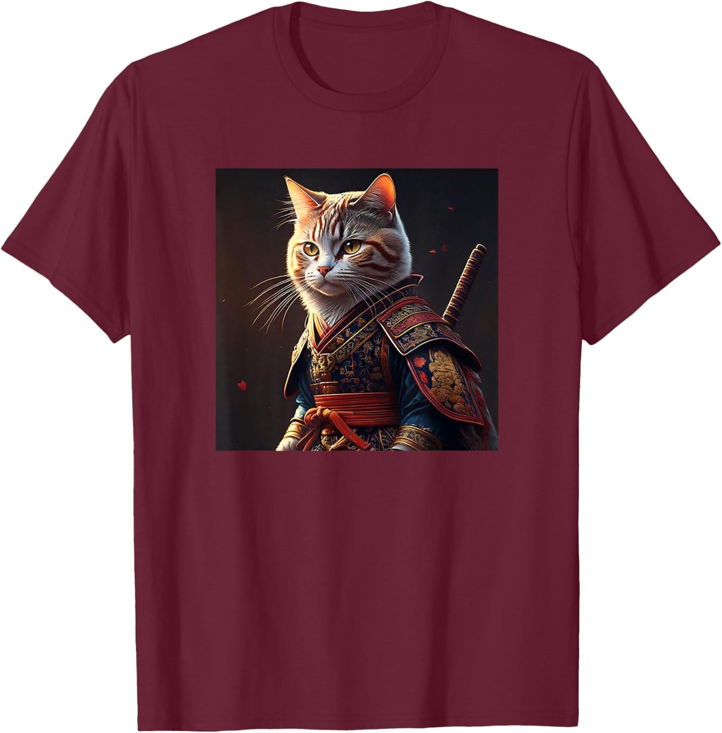 Kawaii Samurai Cat Portrait - Vintage Japanese Art Anime Cat T-Shirt - T-Shirt | Maroon