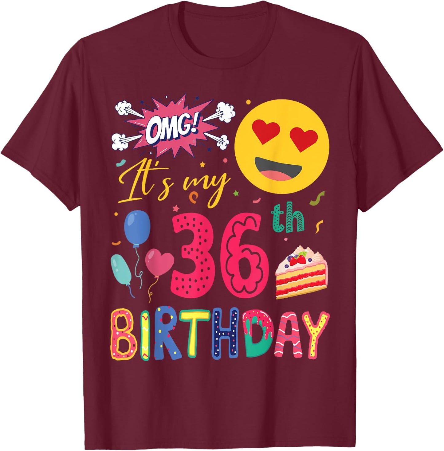 Lovely Emotion Face Balloons Cake OMG It's My 36th Birthday T-Shirt - T-Shirt | Maroon
