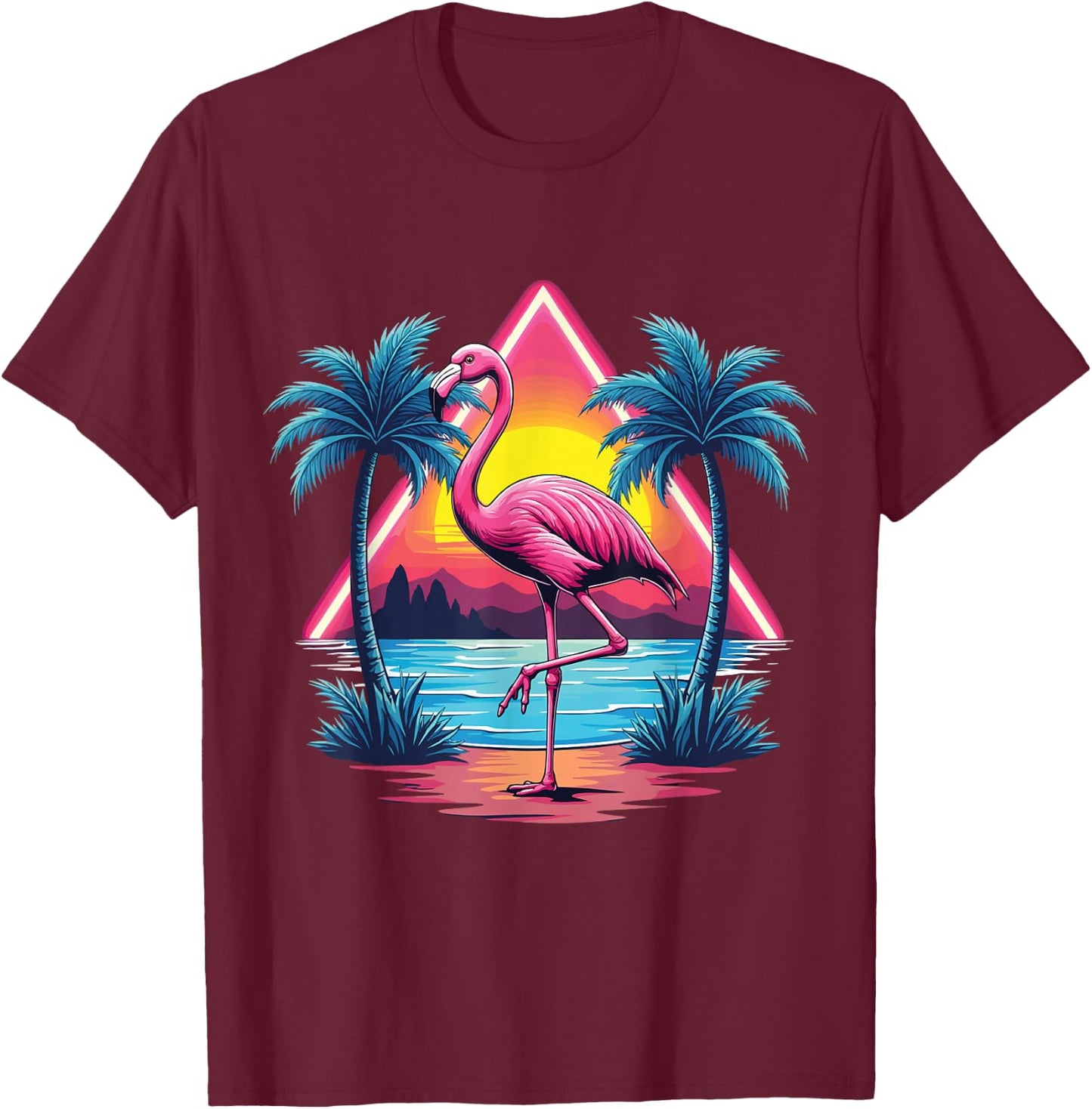 Flamingo Summer Vibes Retro Beach Palm Tree Sunset Flamingo T-Shirt - T-Shirt | Maroon