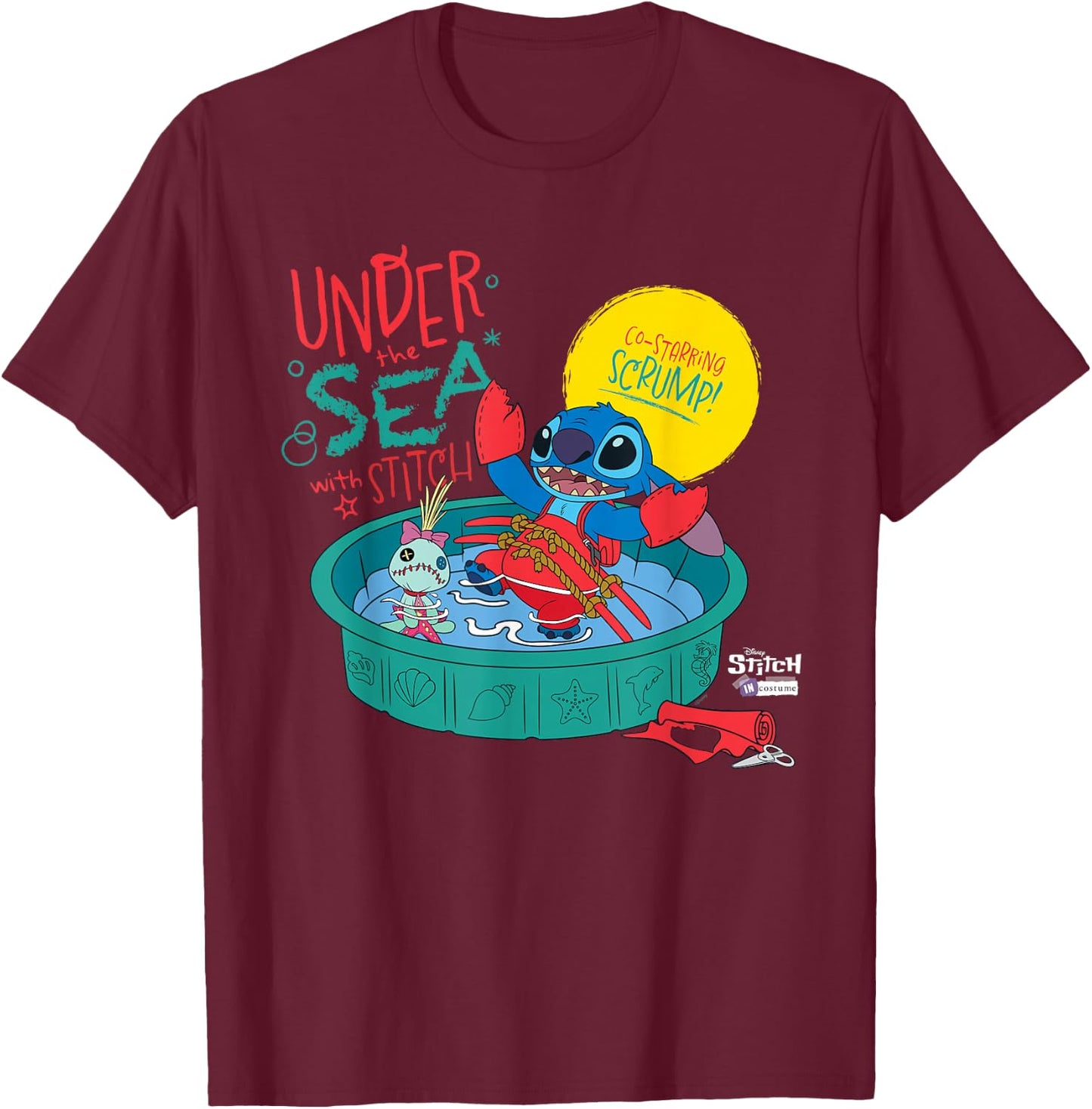 Disney 100 Stitch in Costume Little Mermaid Under The Sea T-Shirt - T-Shirt | Maroon