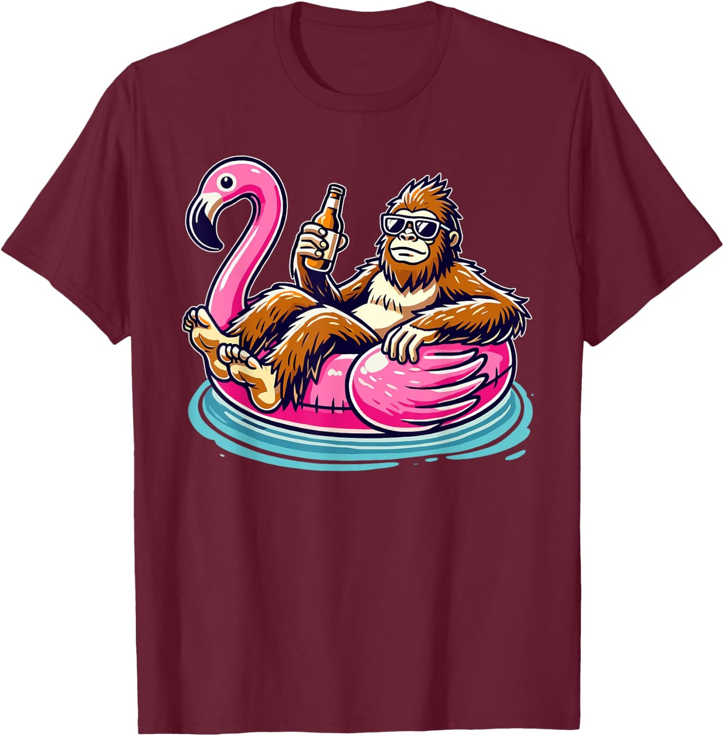 Bigfoot Chilling on Flamingo Float with Beer Fun Summer Vibe T-Shirt - T-Shirt | Maroon