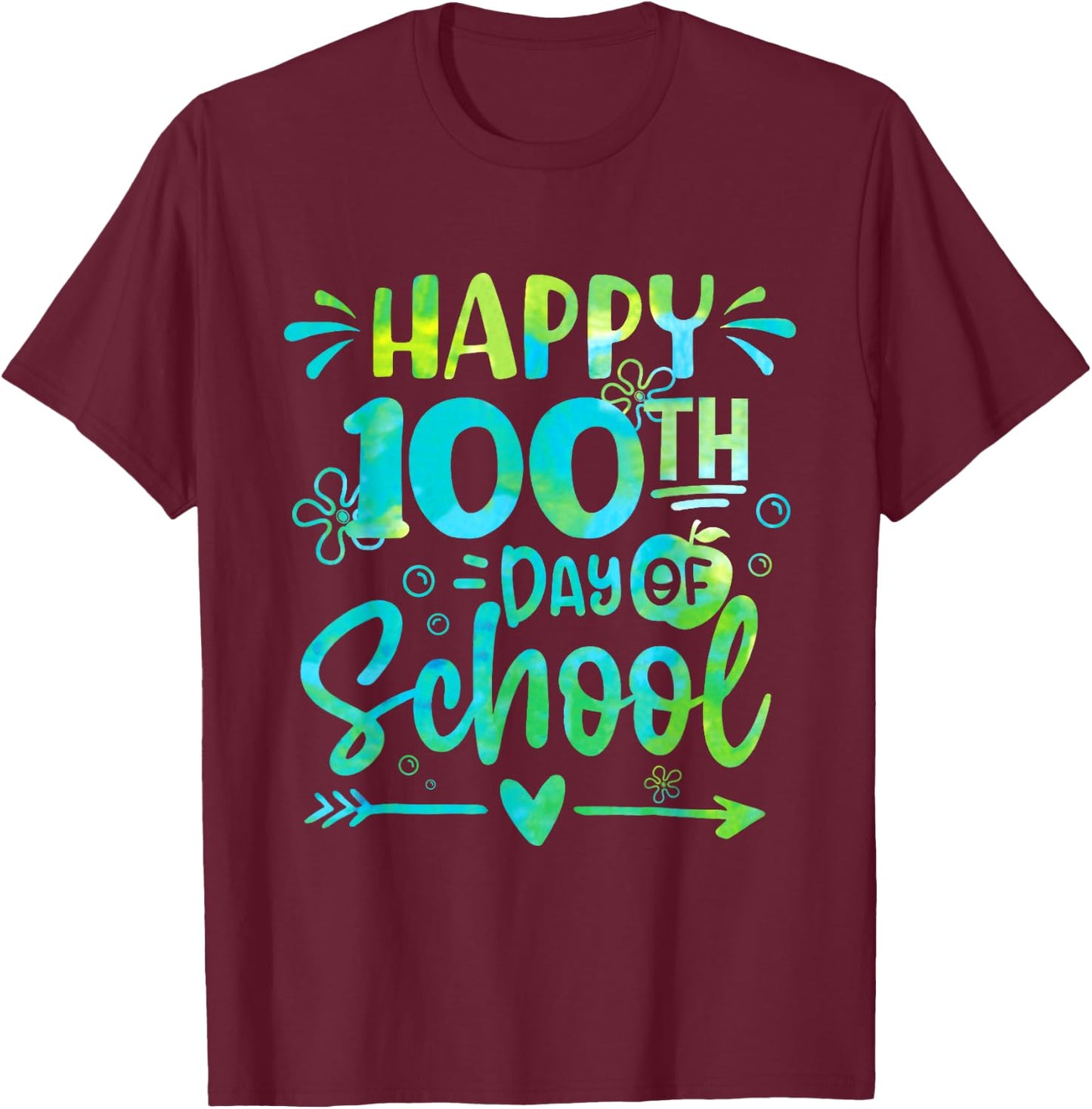 Happy 100th Day Of School Tie Dye Rainbow 100 Days Smarter T-Shirt - T-Shirt | Maroon