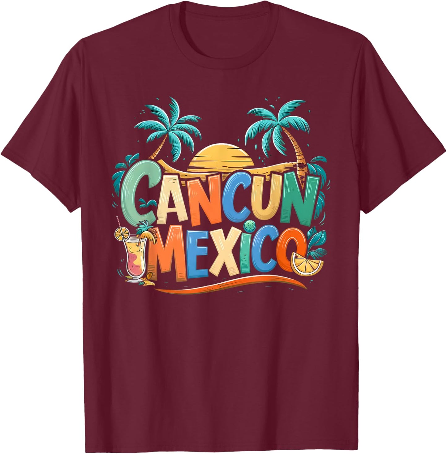 Cancun Mexico Sunset Palm Beach Cancun Mexico T-Shirt - T-Shirt | Maroon