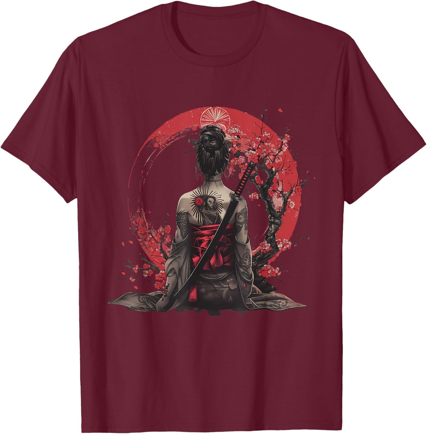 Japanese Samurai Girl Sakura Cherry Blossom Japanese Geisha , black T-Shirt - T-Shirt | Maroon
