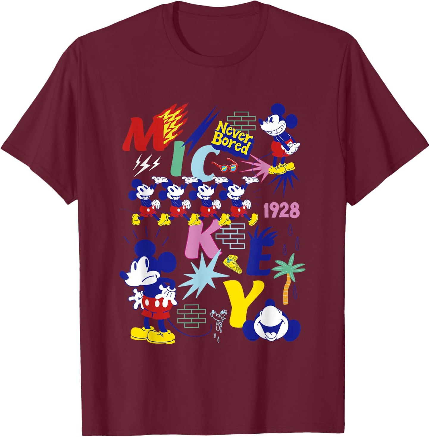 Disney Mickey Mouse Vintage Never Bored T-Shirt - T-Shirt | Maroon