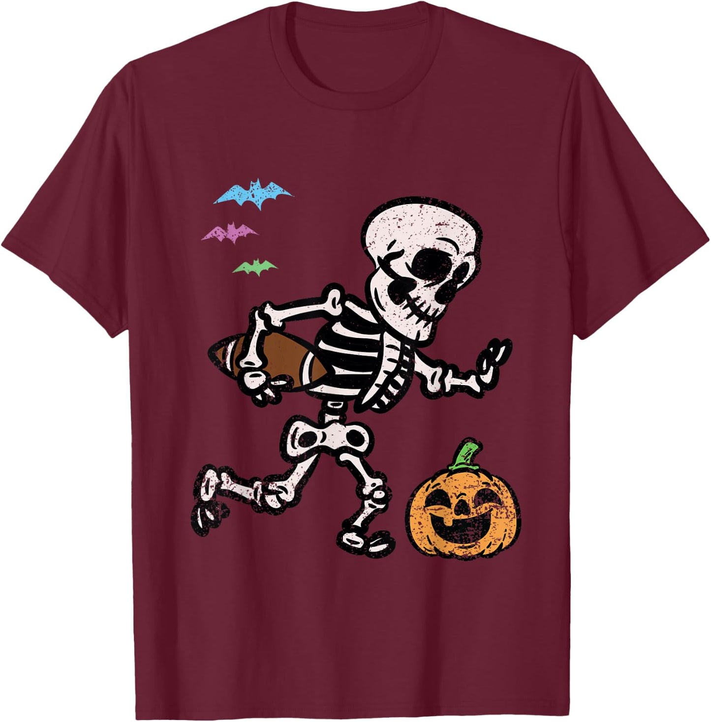 Skeleton Football Player Halloween Costume Funny Pumpkin T-Shirt - T-Shirt | Maroon