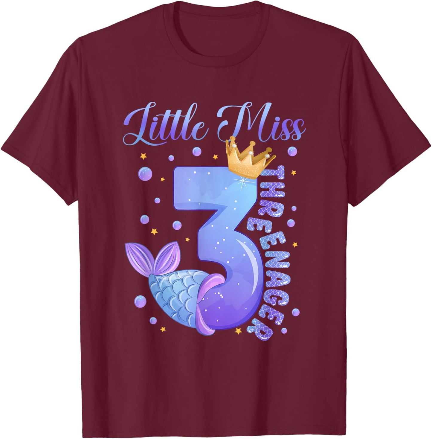 Little Miss Threenager Birthday Decorations Mermaid Girl T-Shirt - T-Shirt | Maroon