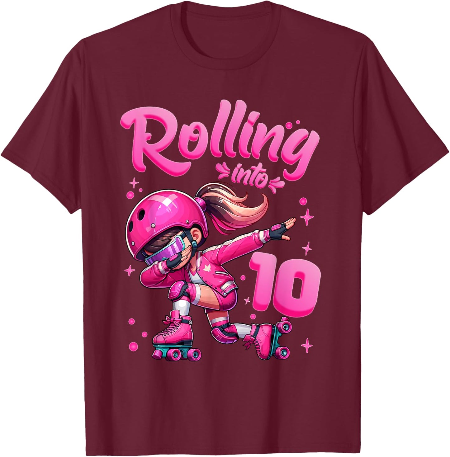 Roller Skating Girl Birthday Kids 10th Birthday Party T-Shirt - T-Shirt | Maroon