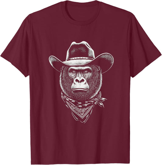Cowboy Gorilla Portrait Vintage Western Monkey Wild West T-Shirt - T-Shirt | Maroon