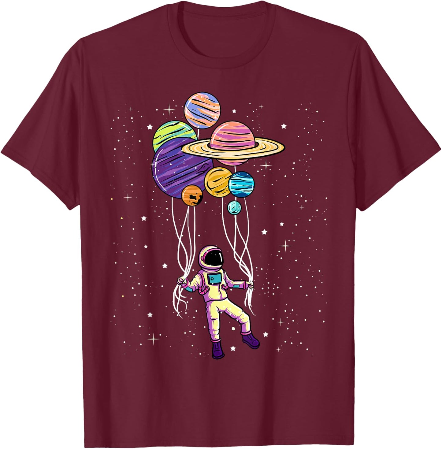 Astronaut Holding Planet Balloons BoysGirls STEM Kids T-Shirt - T-Shirt | Maroon