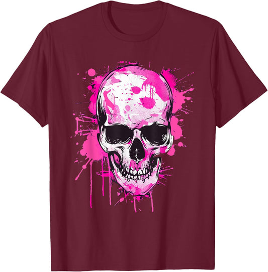 Skeleton Skull Biker Rocker Skull Punk Rock , black T-Shirt - T-Shirt | Maroon