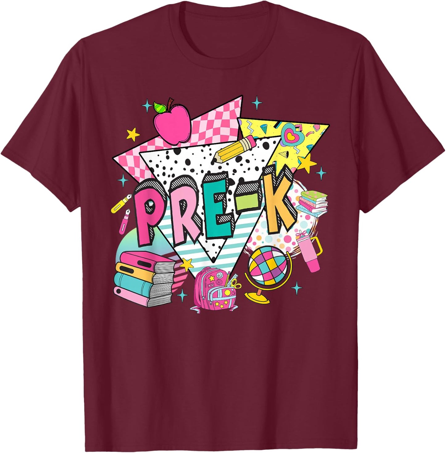Pre-K Teachers Students Retro 90s Back To School T-Shirt - T-Shirt | Maroon