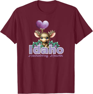 Cute Moose Idaho Huckleberry Heaven Novelty Graphic Souvenir T-Shirt - T-Shirt | Maroon