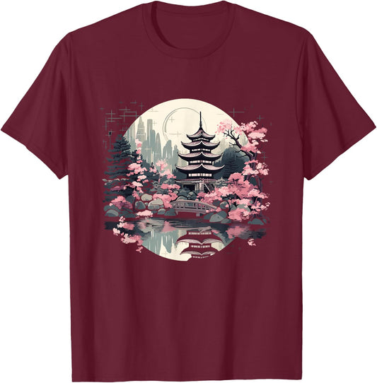Japanese Landscape with Japanese Cherry Blossoms , black T-Shirt - T-Shirt | Maroon