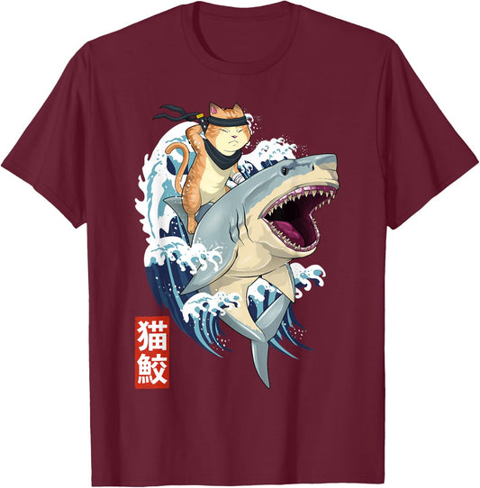 Retro Japanese Samurai Cat Shark Vintage Kanagawa , black T-Shirt - T-Shirt | Maroon
