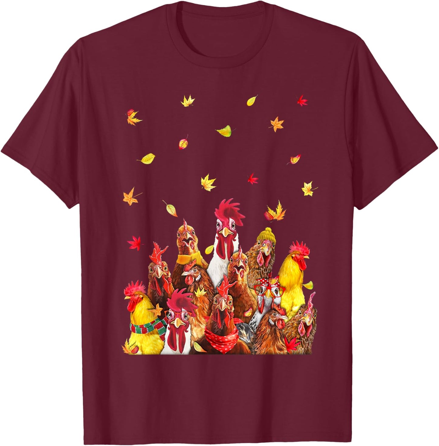 Hello Autumn Maple Chicken Leaf Fall Cute Chicken Farm T-Shirt - T-Shirt | Maroon