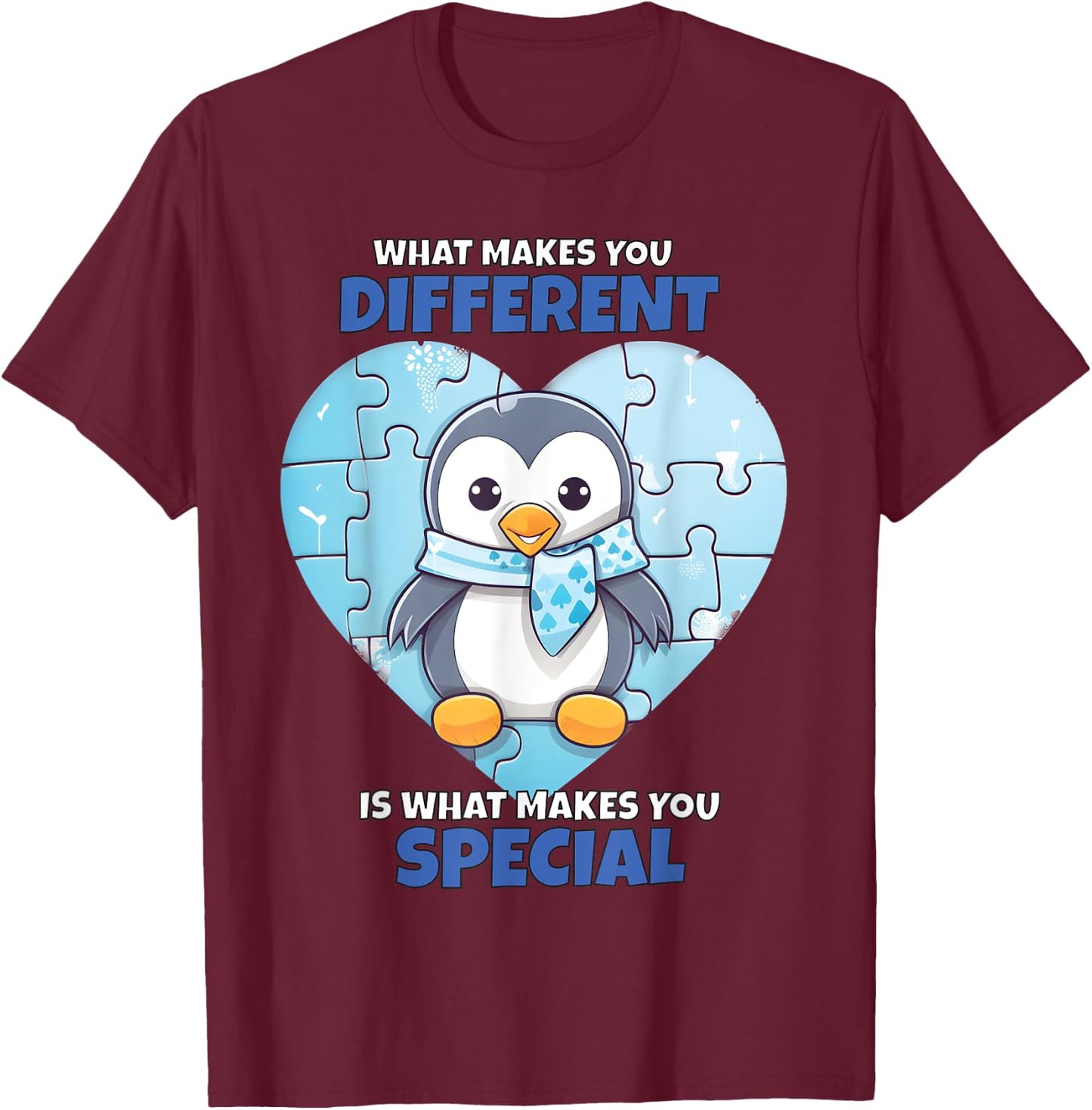 Blue Puzzle Penguin Autism Child Awareness T-Shirt - T-Shirt | Maroon