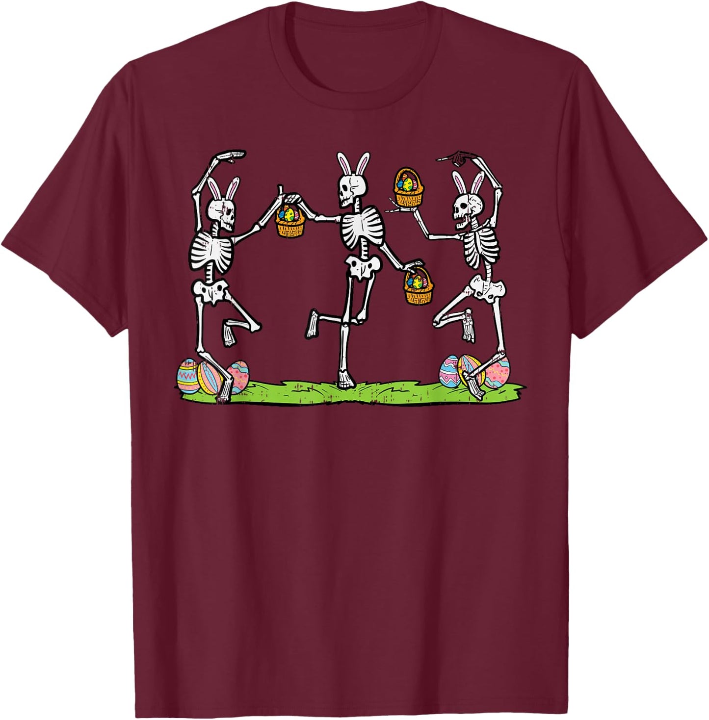 Easter Skeletons Dancing Funny Bunny Bones Women Men Kids T-Shirt - T-Shirt | Maroon