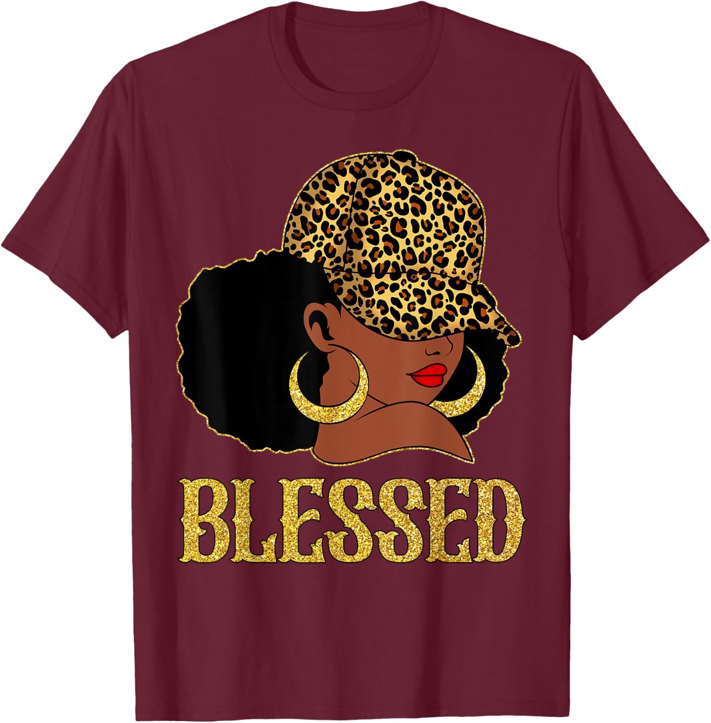 Blessed Black Women With Leopard Hat Christian Matching T-Shirt - T-Shirt | Maroon