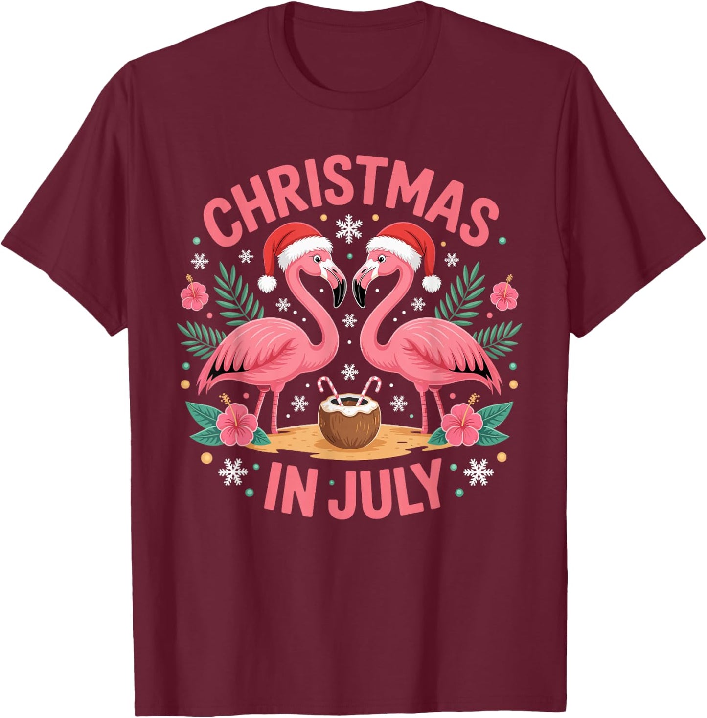 Christmas in July Men Women Flamingo Beach Summer Xmas T-Shirt - T-Shirt | Maroon