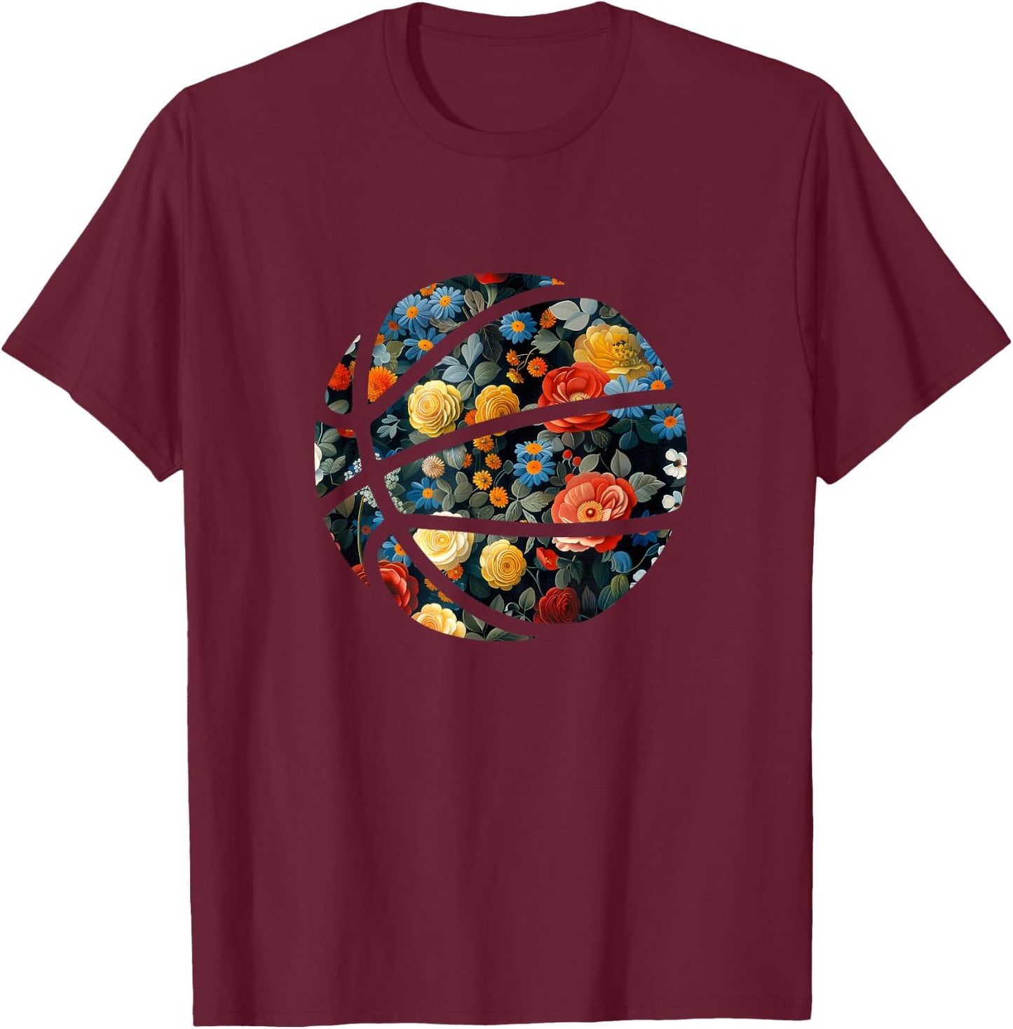 Basketball Silhouette Flowers Botanical Floral T-Shirt - T-Shirt | Maroon