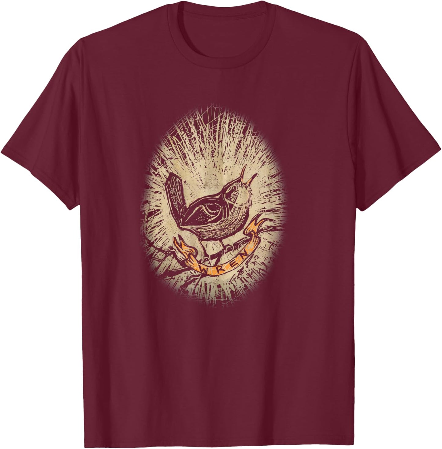 Wren Vintage Birdwatching Scratchboard T-Shirt - T-Shirt | Maroon