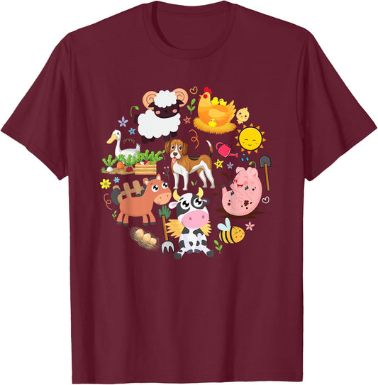Boy's Girl's Cute Farm Animals Toddler Farmer Kids Farming T-Shirt - T-Shirt | Maroon