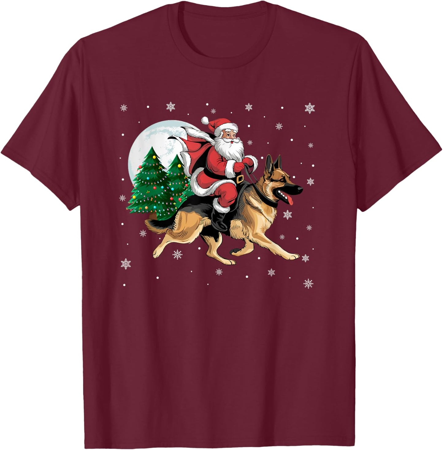 Santa Claus Riding German Shepherd Dog Christmas Tree Lights T-Shirt - T-Shirt | Maroon