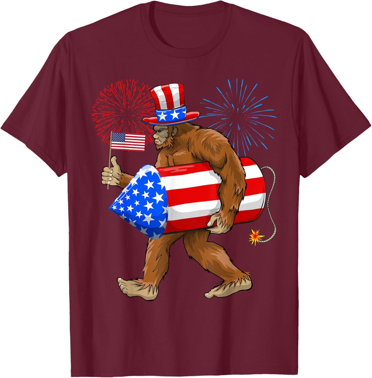 Patriotic Bigfoot, 4th of July, American Flag, Sasquatch T-Shirt - T-Shirt | Maroon