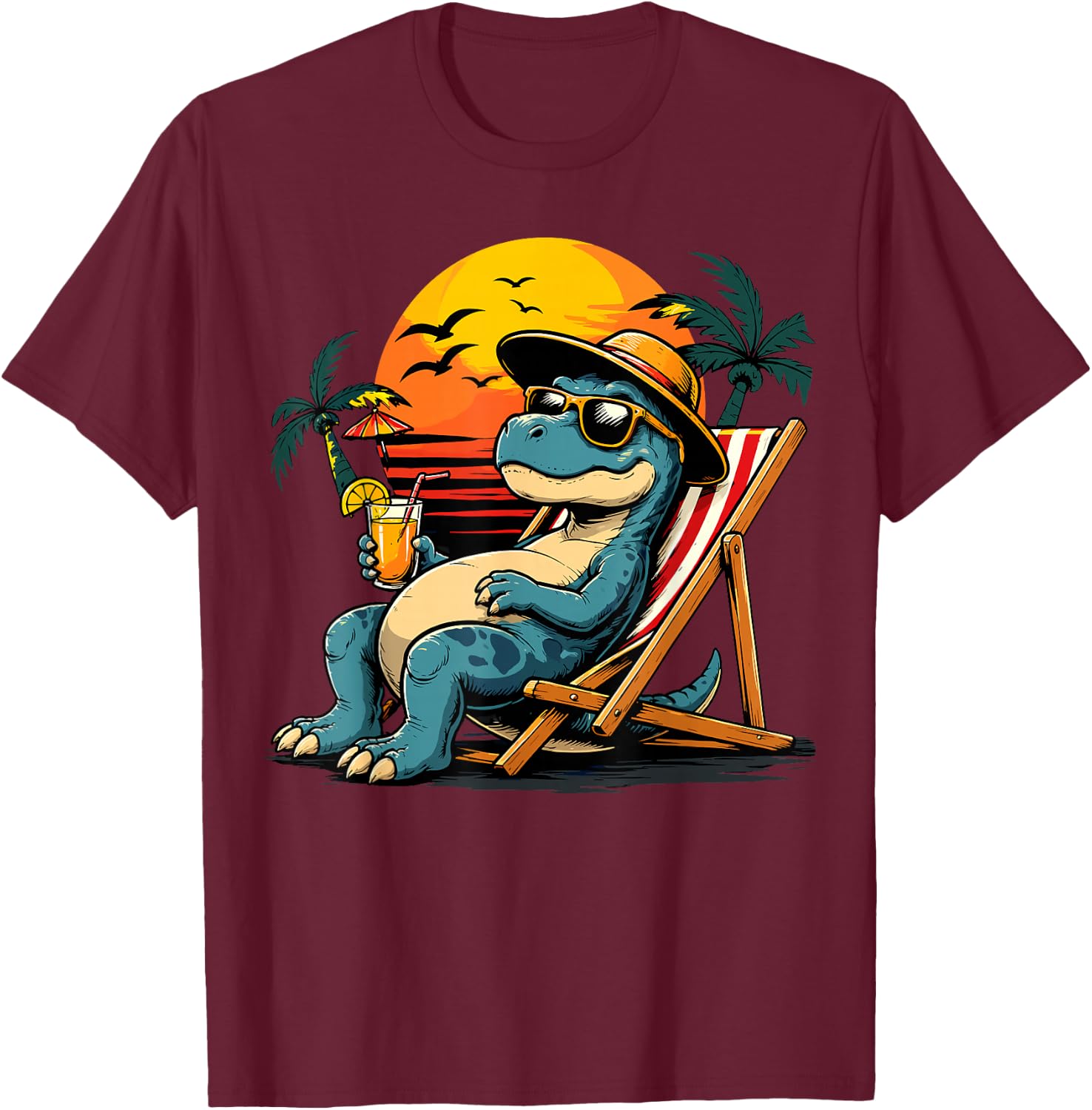 Funny Dino Beach Vacation Dinosaur T-Shirt - T-Shirt | Maroon