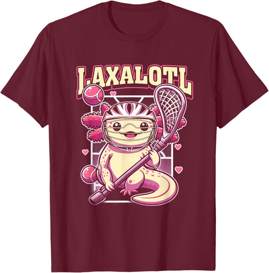 Funny Axolotl Lacrosse LAX Laxalotl Lacrosse Sport Player T-Shirt - T-Shirt | Maroon