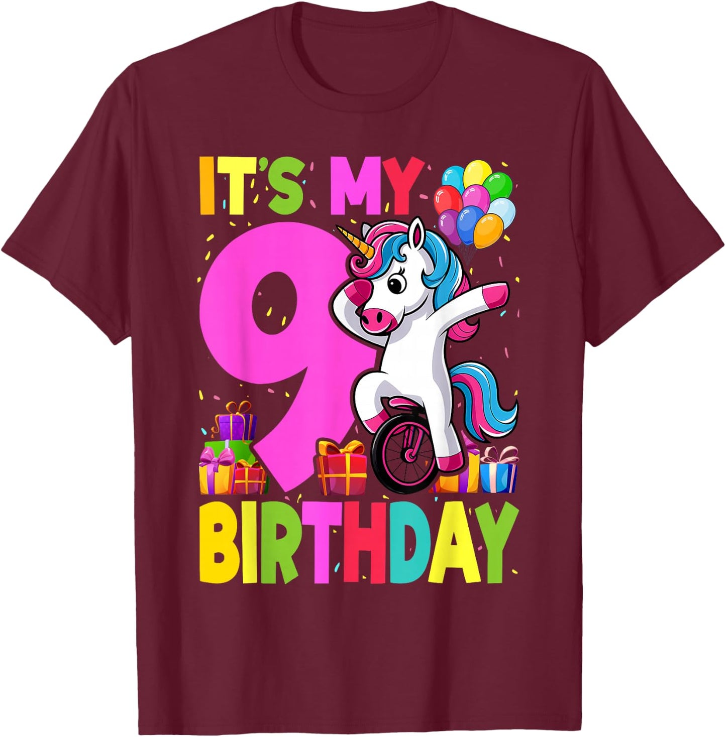 It's My 9 Birthday Dabbing Unicorn Pony 9th Birthday T-Shirt - T-Shirt | Maroon