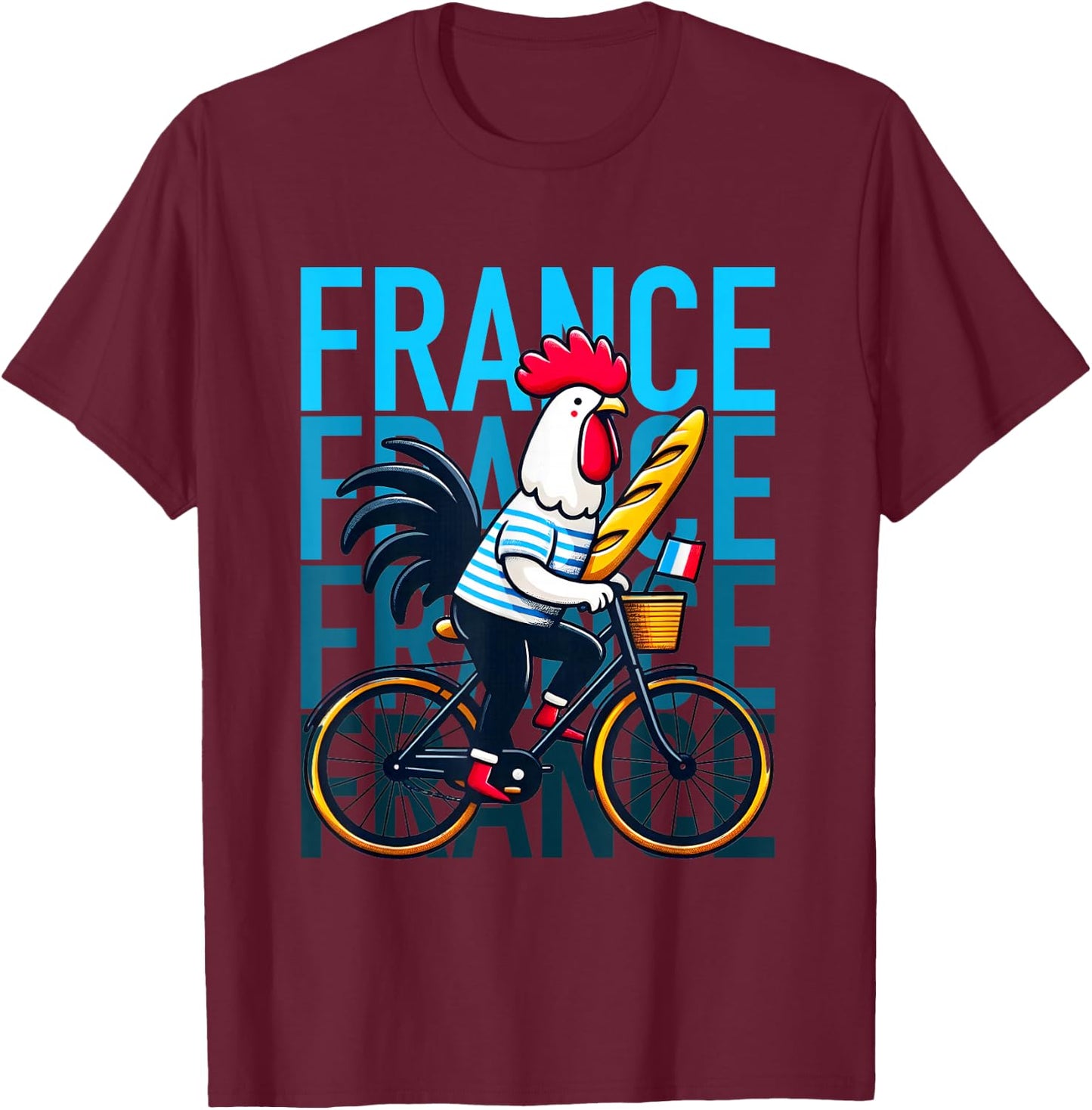 France Typical French Rooster on bicycle Humor T-Shirt - T-Shirt | Maroon