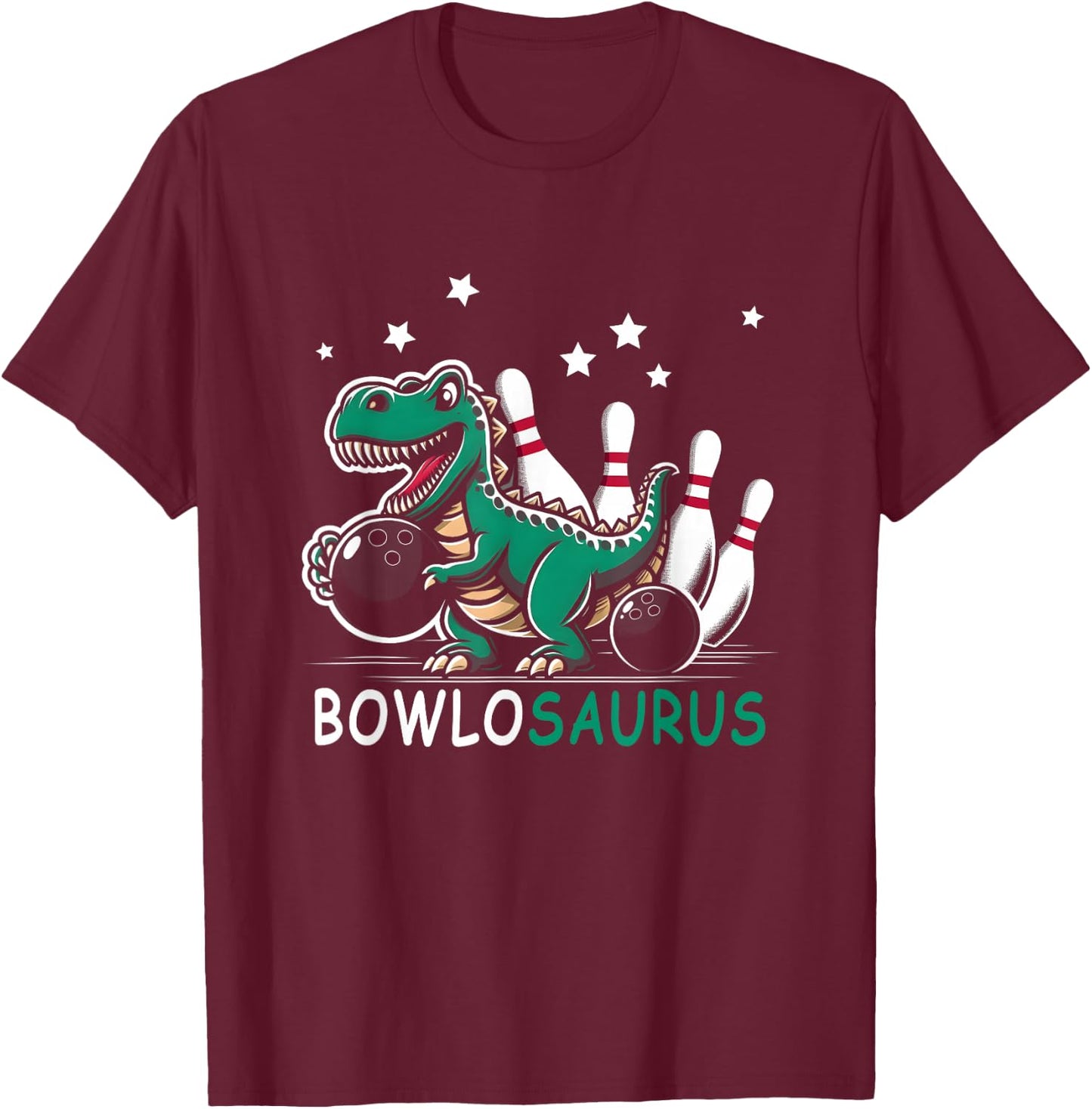 Funny Bowler Bowlosaurus T-Rex Dinosaur Playing Bowling T-Shirt - T-Shirt | Maroon