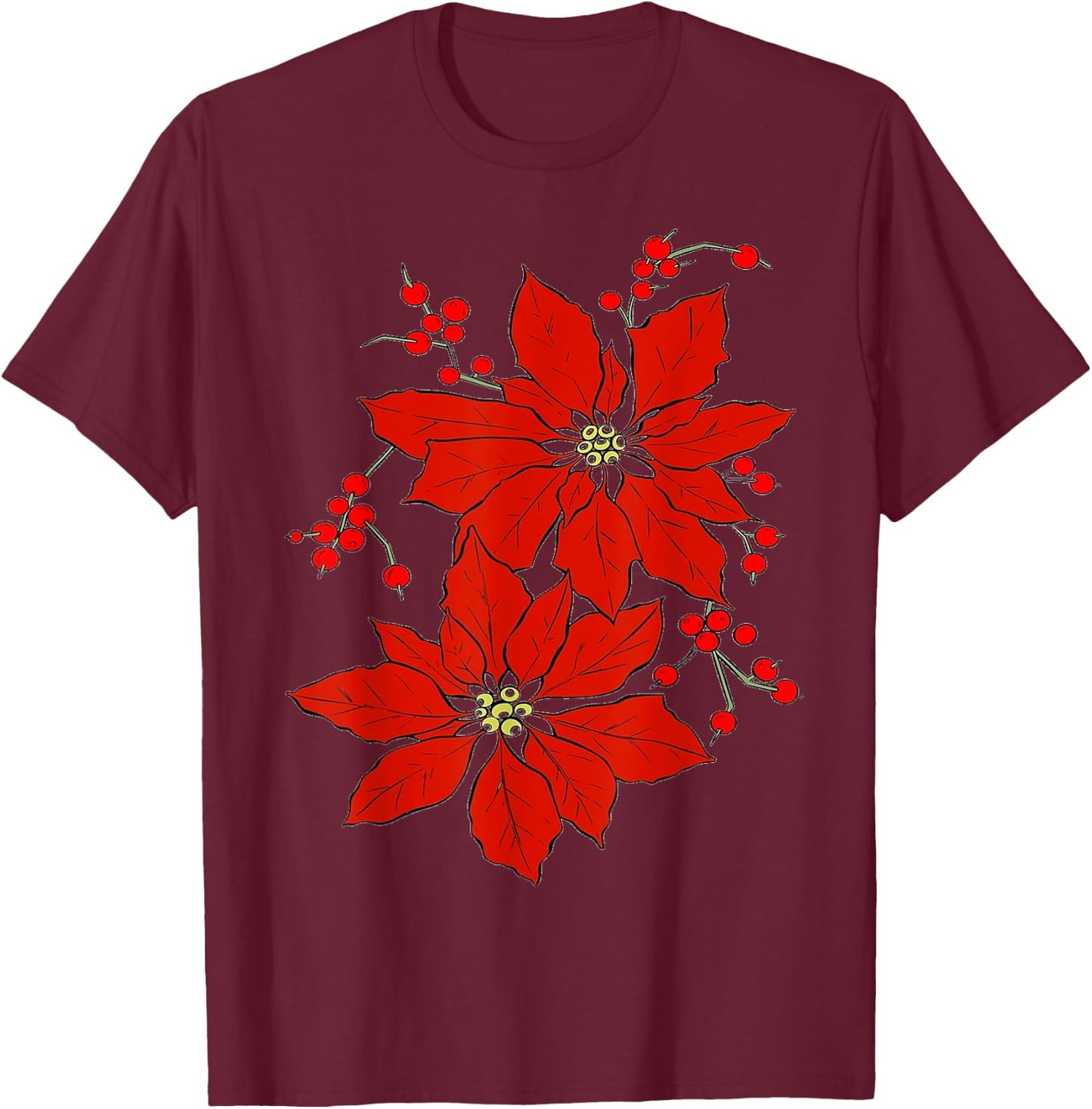 Red Poinsettia Happy Merry Christmas T-Shirt - T-Shirt | Maroon
