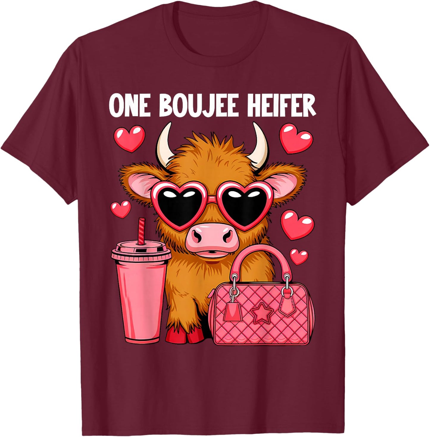 Highland Cow One Boujee Heifer Fashion Pink Cow T-Shirt - T-Shirt | Maroon