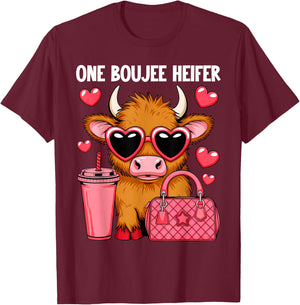 Highland Cow One Boujee Heifer Fashion Pink Cow T-Shirt - T-Shirt | Maroon