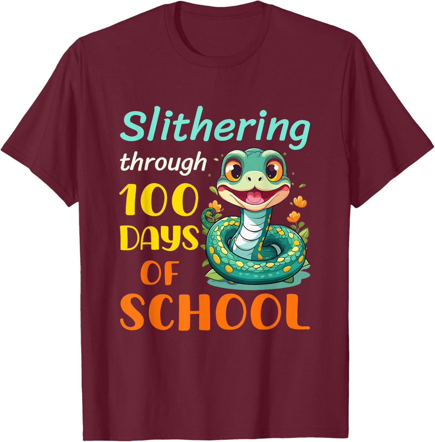 Funny 100 Days of School Snake Reptile Kids Boys Students T-Shirt - T-Shirt | Maroon